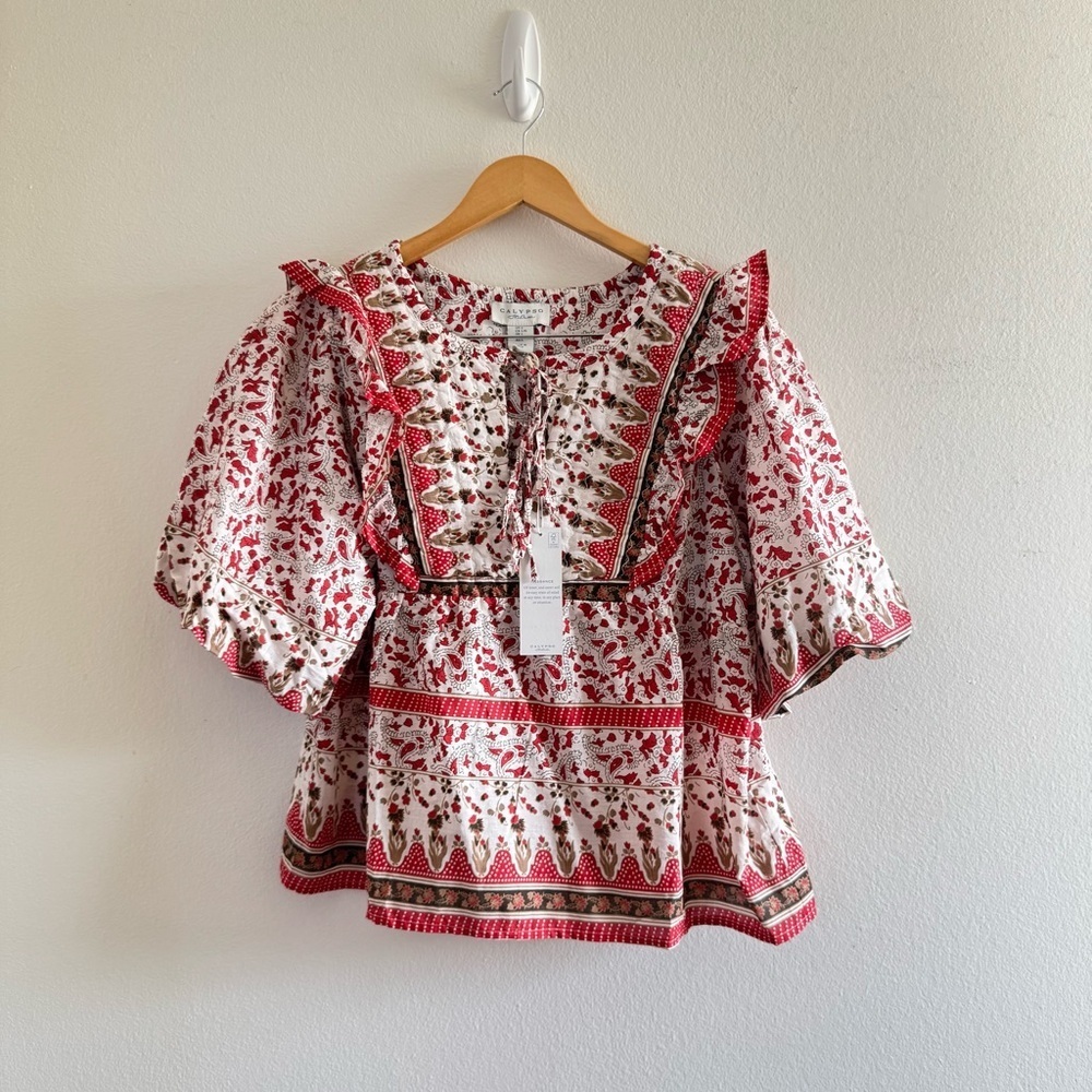 NWT Calypso St. Barth Red Puff Sleeve Quilted Boho Ruffle Top size Large - Picture 2 of 11